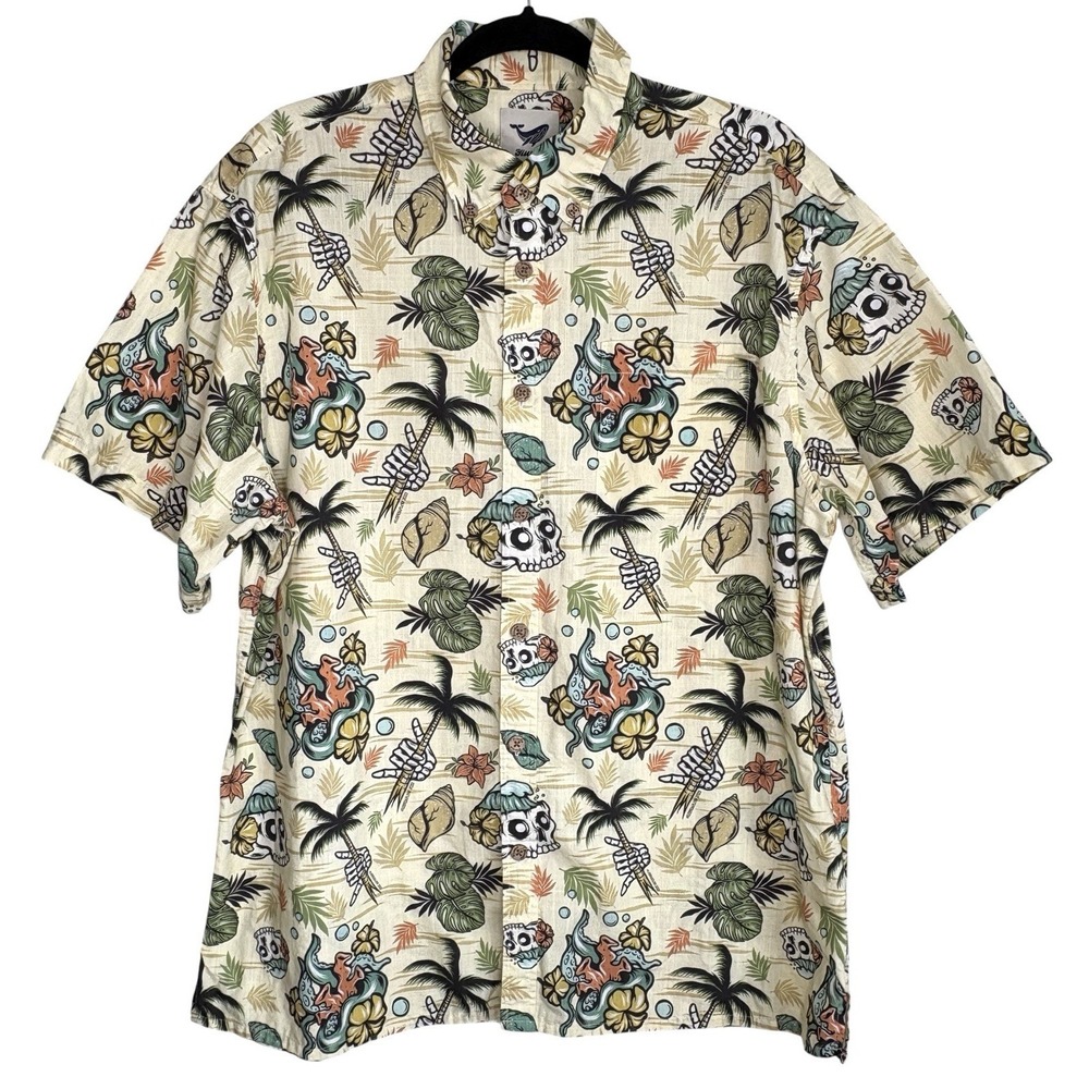 Yiume Hawaiian Aloha Camp Shirt L Skull Loinda Flow Cotton Short Sl Retro Luau
